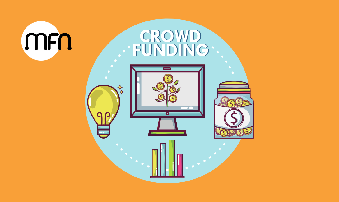 Illustration of crowdfunding with a light bulb, money tree on a screen, and a coin jar. 'Crowd Funding' text and MFN logo are also included