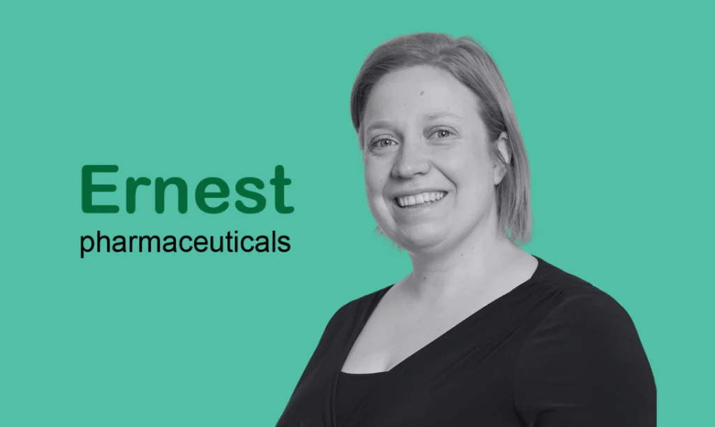 The image shows Nele Van Dessel. Next to her, the text "Ernest pharmaceuticals" is displayed on a teal background.