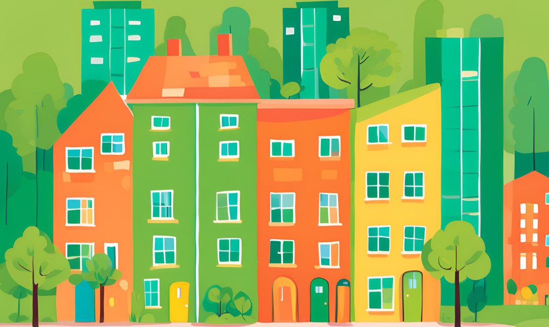 A colorful illustration of vibrant buildings in green, orange, and yellow, with trees and tall modern buildings in the background.