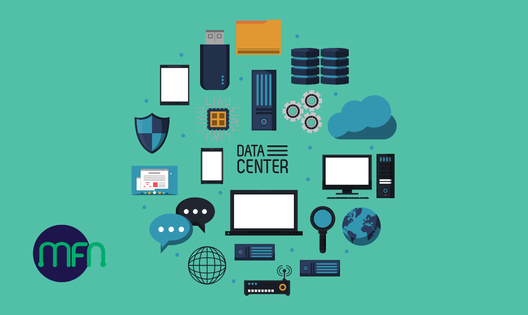 Data collection icons on a blue background next to the MFN logo