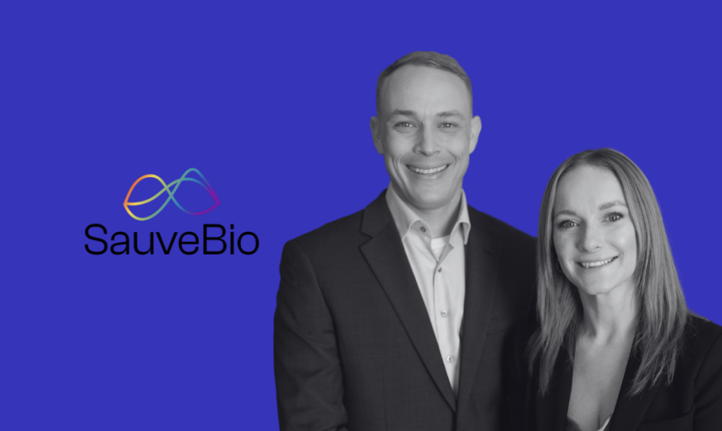 SauveBio headshots and logo on a blue background